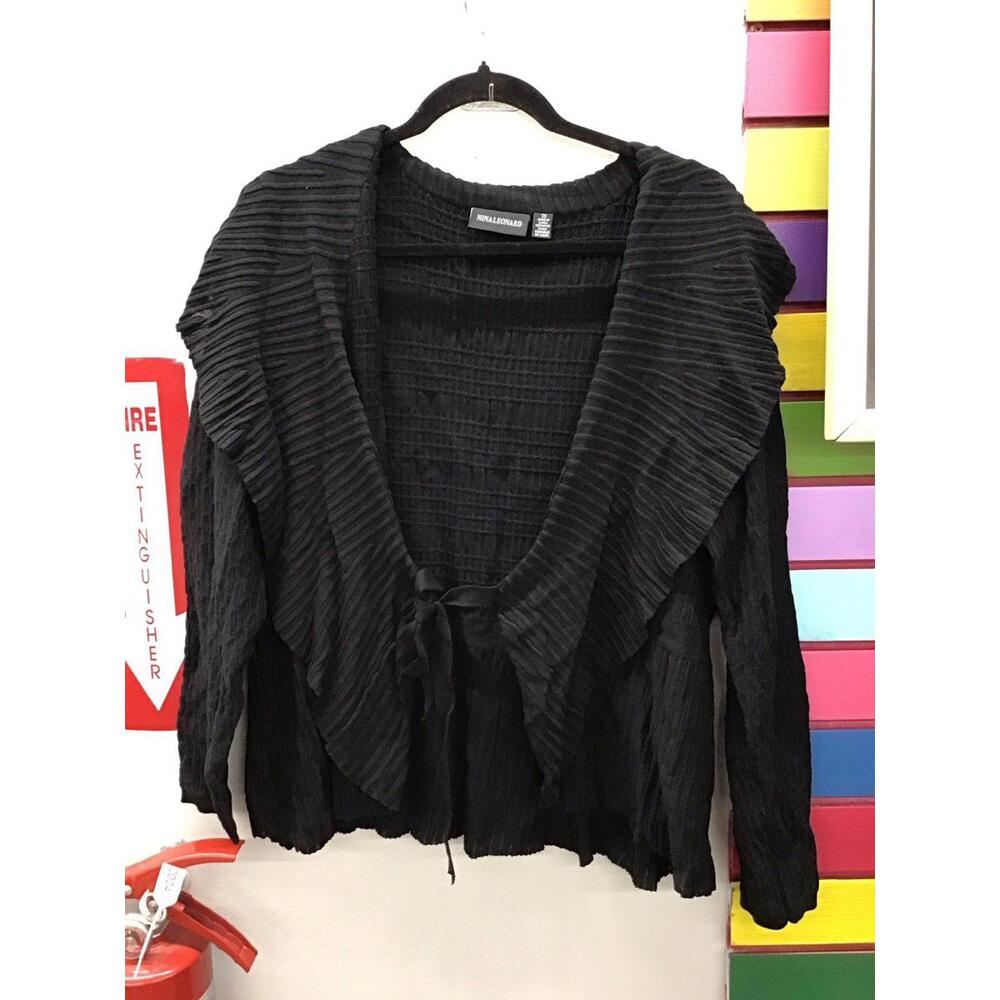 Nina Leonard open front frilly cardigan size 1X black ribbed new from HSN